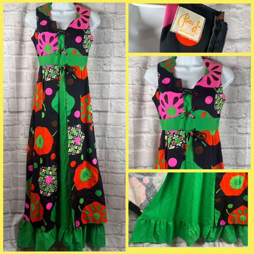 Vintage Patti Jr Hawaiian Mod Maxi Dress Women's Small Neon Floral Cotton